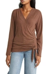 Loveappella Long Sleeve Faux Wrap Top In Chocolate