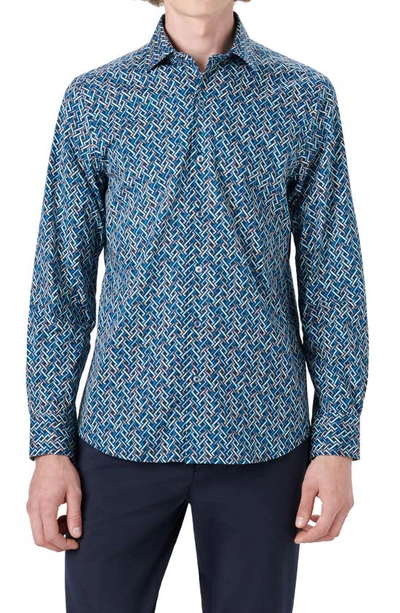 Bugatchi Shaped Fit Geo Print Stretch Button-up Shirt In Navy