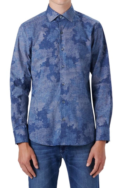 Bugatchi Shaped Fit Camo Stretch Button-up Shirt In Denim