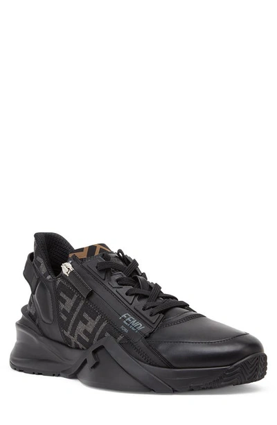 Fendi Men's Flow Vitello Leather & Tonal Logo Jacquard Sneakers In Black