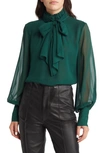 Frame Long-sleeve Silk Bow Blouse In Pine