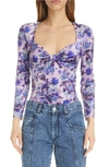 Isabel Marant Gubaia Blur Floral-print Bow-bustier Velvet Top In Purple