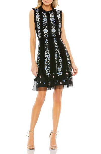 Mac Duggal Black Sleeveless High Neck Embroidered Mini Dress In Us 10