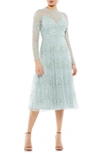 Mac Duggal Sequined Illusion High Neck Long Sleeve Midi Dress In Seafoam