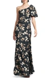 Sachin & Babi Aubrey One-shoulder Floral Satin Charmeuse Body-con Gown In Black Venetia Petal