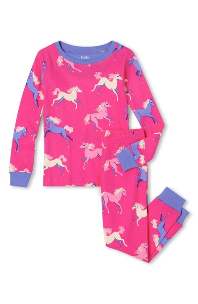 Hatley Kids' Dreamland Horses Fitted Two-piece Fitted Organic Cotton Pajamas In Pink