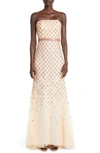 Carolina Herrera Crystal Lattice Strapless Tulle Gown In Champagne Multi