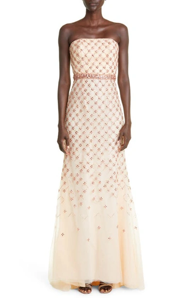 Carolina Herrera Crystal Lattice Strapless Tulle Gown In Champagne Multi