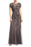 ADRIANNA PAPELL FLORAL EMBROIDERED BEADED TRUMPET GOWN