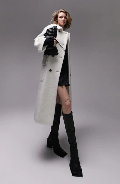 Topshop Double Breasted Long Coat In Oat-neutral