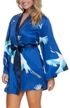 Felina Adrienne Print Short Satin Robe In Cranes