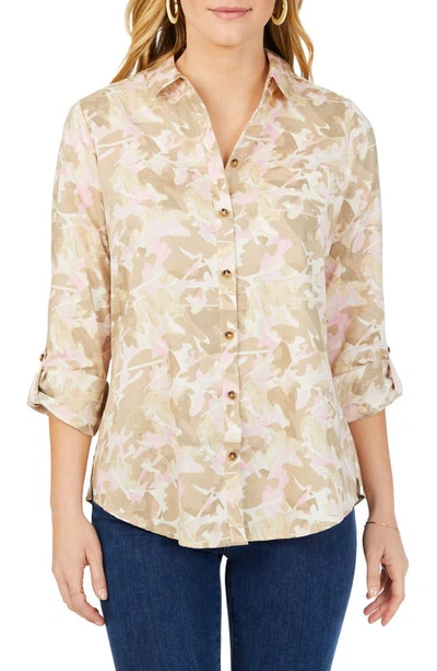 Foxcroft Zoey Abstract Print Roll Tab Non-iron Cotton Button-up Shirt In Ivory Multi