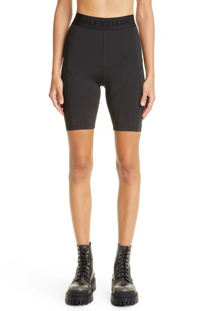 Balenciaga Logo-band Athletic Cut Biker Shorts In Black White