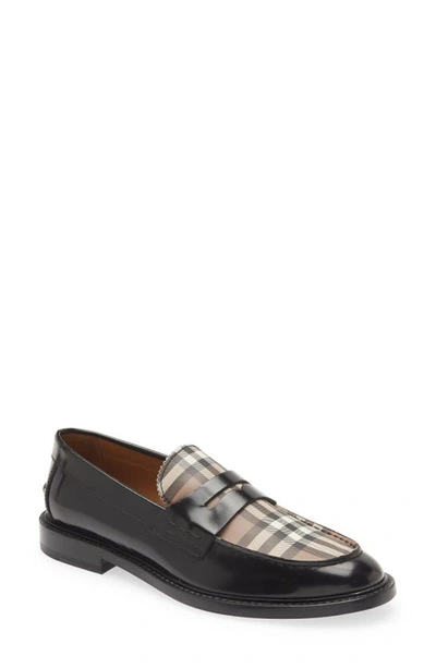Burberry Leather Loafer With Vintage Check Insert In Black