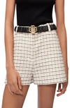 Maje Marl Tweed Shorts With Checked Motifs In Ecru Black