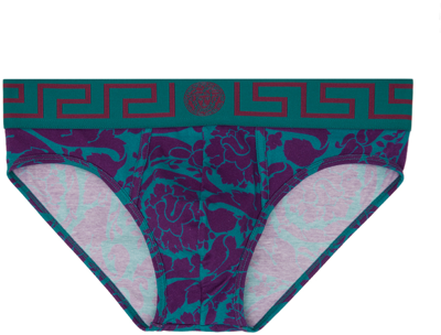 Versace Blue Barocco Briefs In 5g320 Teal+plum