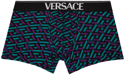 Versace Blue La Greca Boxers In 5g320 Teal+plum