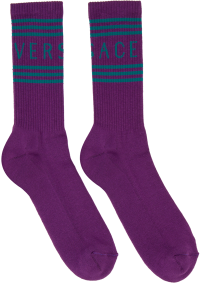 Versace Logo-print Long Socks In Plum+teal