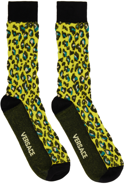 Versace Leopard Jacquard Logo Crew Socks In Yellow