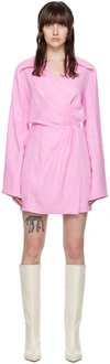Nanushka ‘esma' V-neck Bell Sleeve Open Back Mini Wrap Dress In Hot Pink