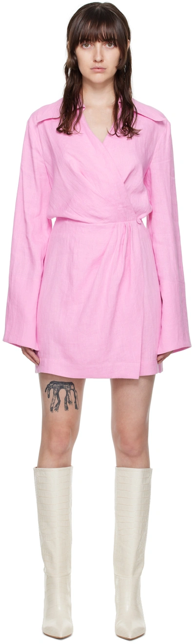Nanushka ‘esma' V-neck Bell Sleeve Open Back Mini Wrap Dress In Hot Pink