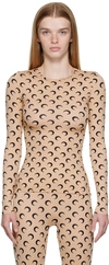 Marine Serre Beige Crewneck T-shirt With All-over Crescent Moon Print In Tech Fabric Stretch Woman