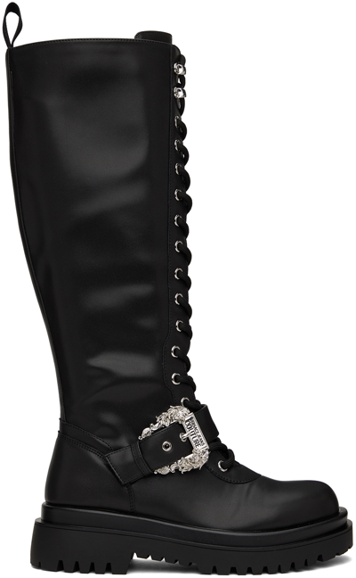 Versace Jeans Couture Baroque-buckle Knee-high Boots In Black
