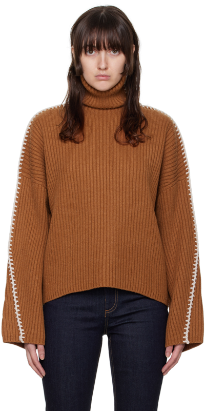 Rag & Bone Ingrid Whipstitched Ribbed Wool Turtleneck Sweater In Dark Brown