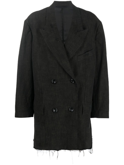 Acne Studios Frayed Hem Double Breasted Peacoat In Anthracite Grey