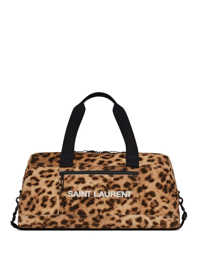 Saint Laurent Logo-print Leopard-print Velvet Weekend Bag In Brown