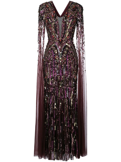 Jenny Packham Draped Sequin-embellished Gown In Purple