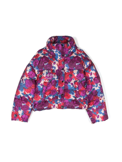 Les Coyotes De Paris Kids' Claire Floral-print Puffer Jacket In Purple