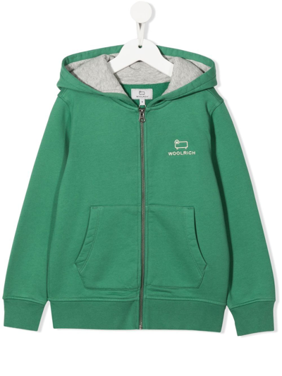 Woolrich Kids' Organic Logo-embroidered Hoodie In Green