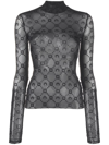 Marine Serre Black Sheer Top With Flocked Monogram In Black