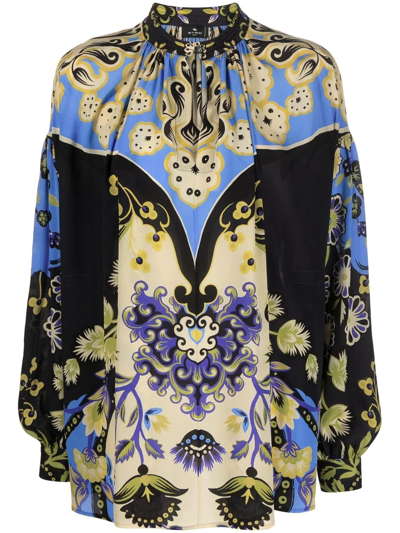 Etro Ornamental Print Silk Blouse In Black