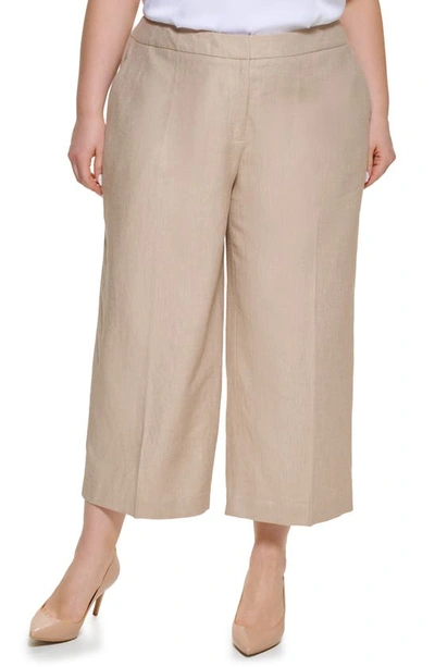 Calvin Klein Petite Linen Cropped Wide-leg Pants In Wheat/cream