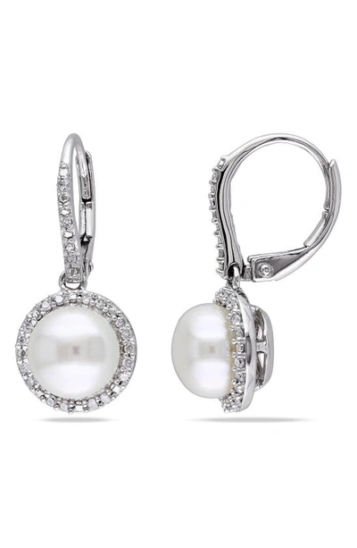 Delmar Sterling Silver Freshwater Pearl & Diamond Halo Drop Earrings