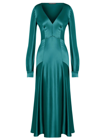 Alberta Ferretti V-neck A-line Silk-satin Midi Dress In Green