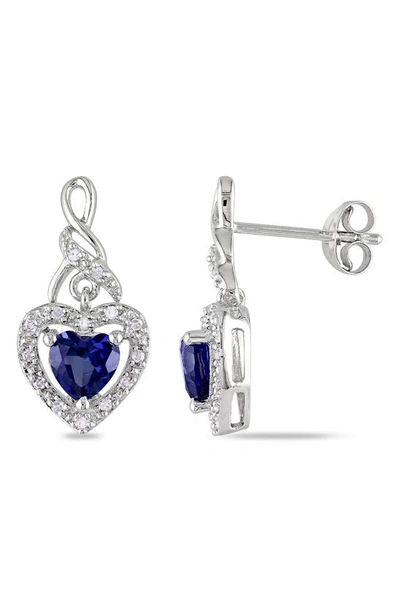 Delmar Sterling Silver Created Sapphire & Diamond Halo Heart Earrings In Blue