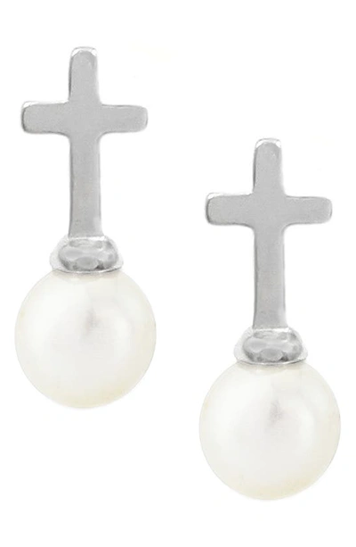 Savvy Cie Jewels Sterling Silver 6.5–7mm Cultured Pearl Cross Stud Earrings In White