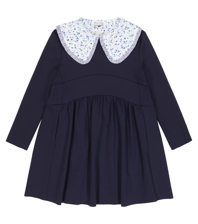 Il Gufo Kids' Floral Cotton-blend Dress In Navy Blue/royal Blue