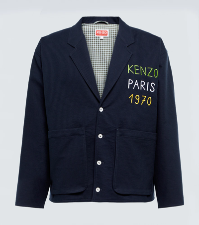 Kenzo Brand-embroidered Notched-lapel Relaxed-fit Cotton Jacket In Dark Blue
