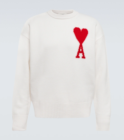 Ami Alexandre Mattiussi Ami Paris Ami Heart Design Wool Sweater In Intarsia Knit In White
