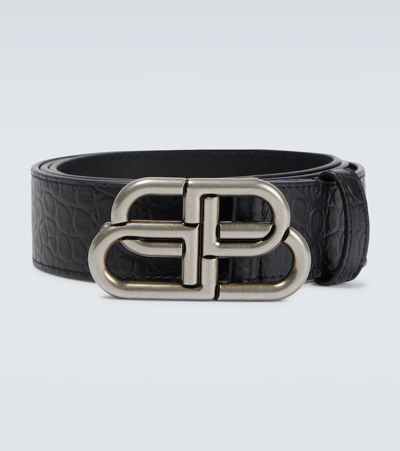 Balenciaga Bb Large Croc-effect Leather Belt In Black