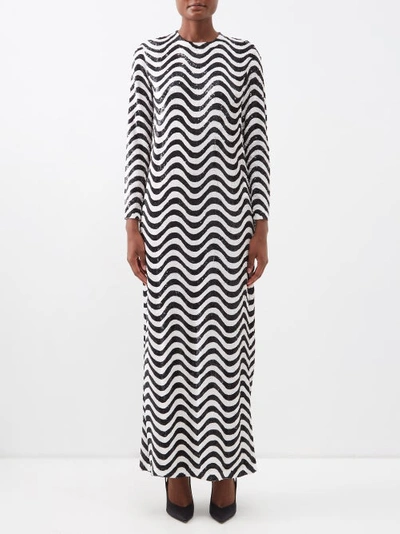 Ashish Optic Wave Sequinned Long-sleeved Maxi Dress In Black White