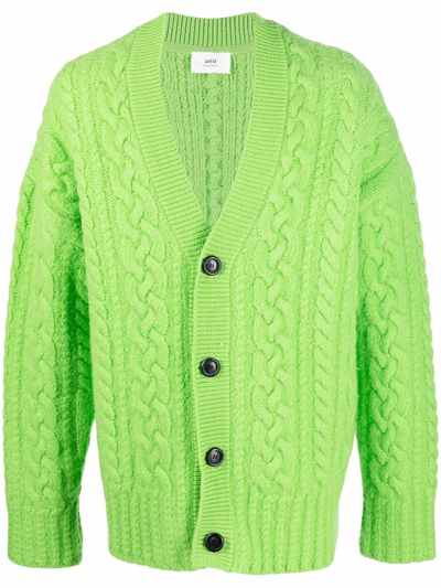 Ami Alexandre Mattiussi Drop-shoulder Cable-knit Cardigan In Green