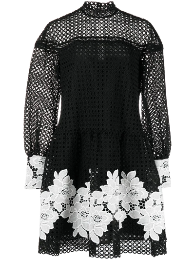Marchesa Notte Floral-lace Detail High-neck Dress In Black