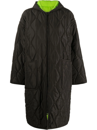 Msgm Long Black And Lime Quilted Coat