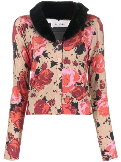 Blugirl Fur-trim Rose-print Cardigan In Glamour Roses