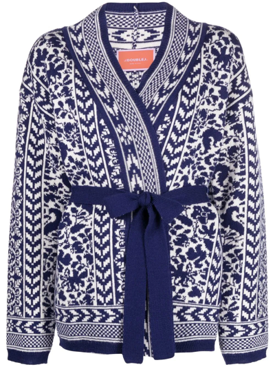 La Doublej Cozy Belted Floral-jacquard Merino Cardigan In Azzurro